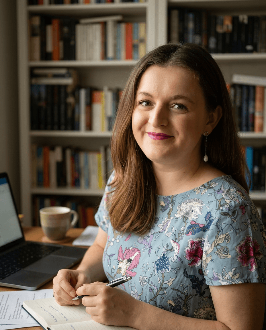 Lidmila Maršálková u psacího stolu, s perem nad zápisníkem